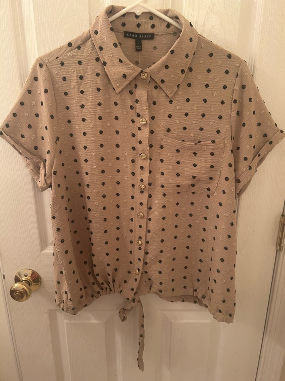 Como Black Taupe Dot Tie-Front Button-Up Blouse